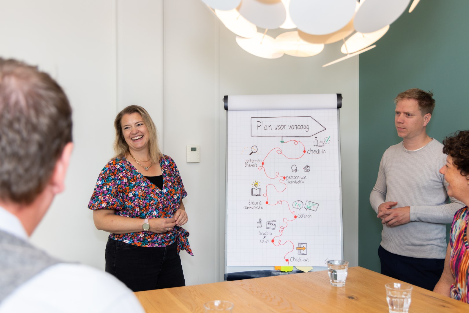 Paul en Marieke staan voor een team met een flipover